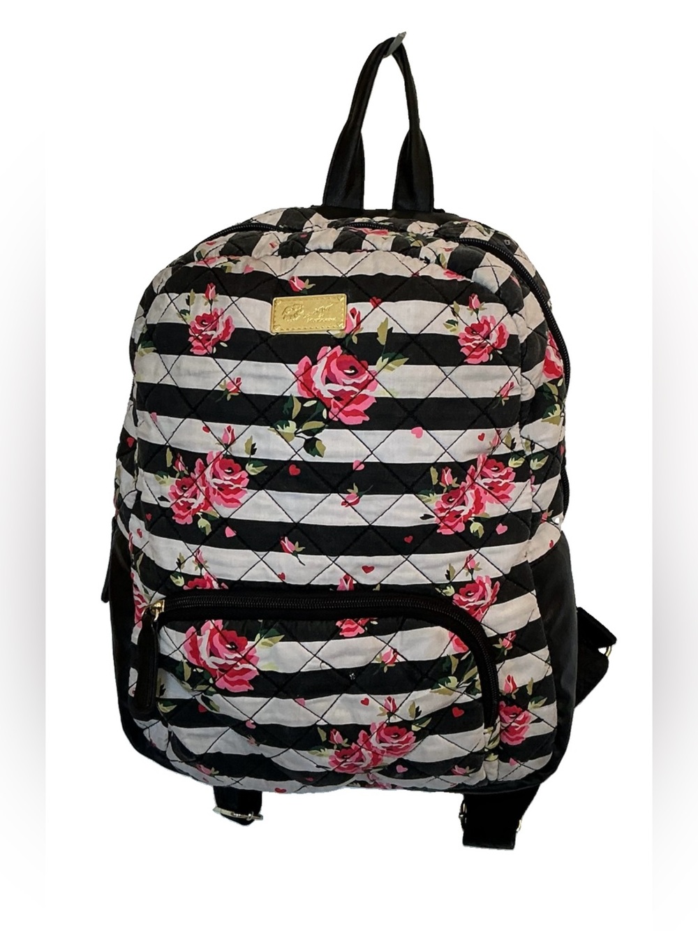 Luv Betsey by Betsey Johnson black & white pink floral striped quilted backpack